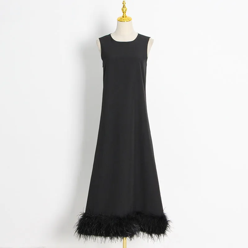 2025 Popular trade temperament celebrity style long dress  spring new round neck sleeveless hem splicing feather dress