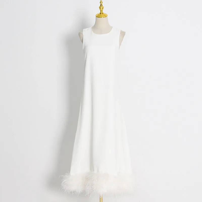 2025 Popular trade temperament celebrity style long dress  spring new round neck sleeveless hem splicing feather dress
