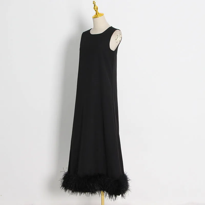 2025 Popular trade temperament celebrity style long dress  spring new round neck sleeveless hem splicing feather dress