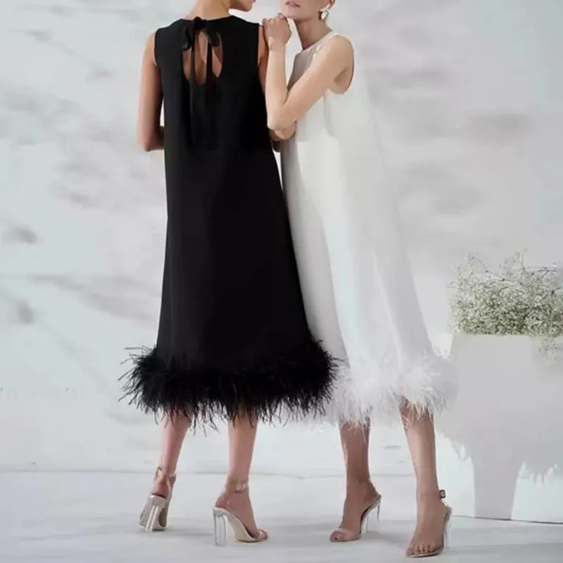 2025 Popular trade temperament celebrity style long dress  spring new round neck sleeveless hem splicing feather dress