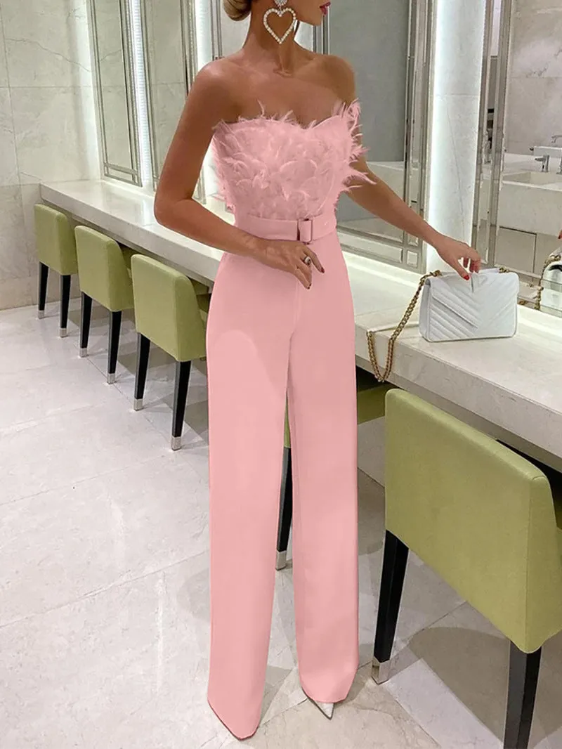 2025 spring and summer new  New   independent station feather tube top sexy fashion jumpsuit