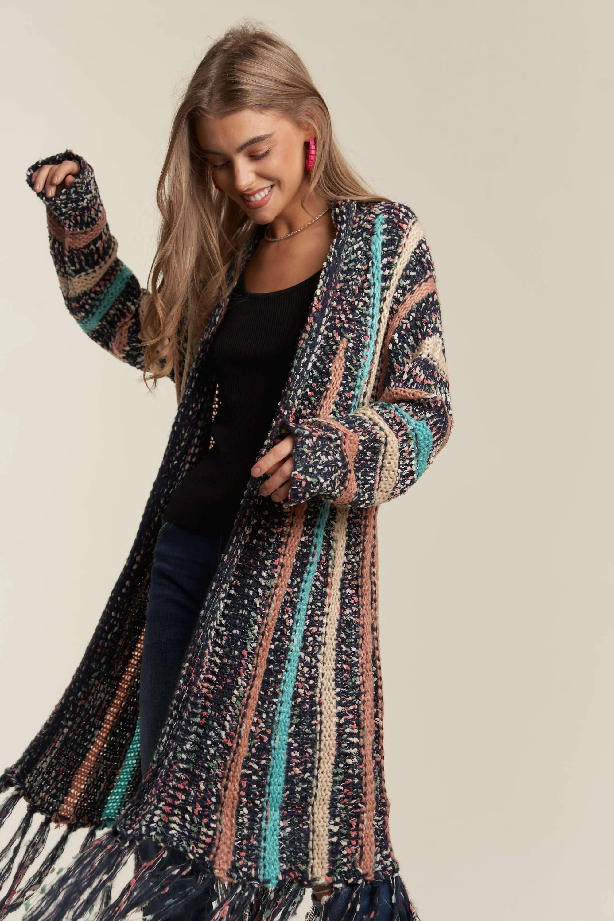 Adora FRINGE HEM MULTI STRIPE CARDIGAN
