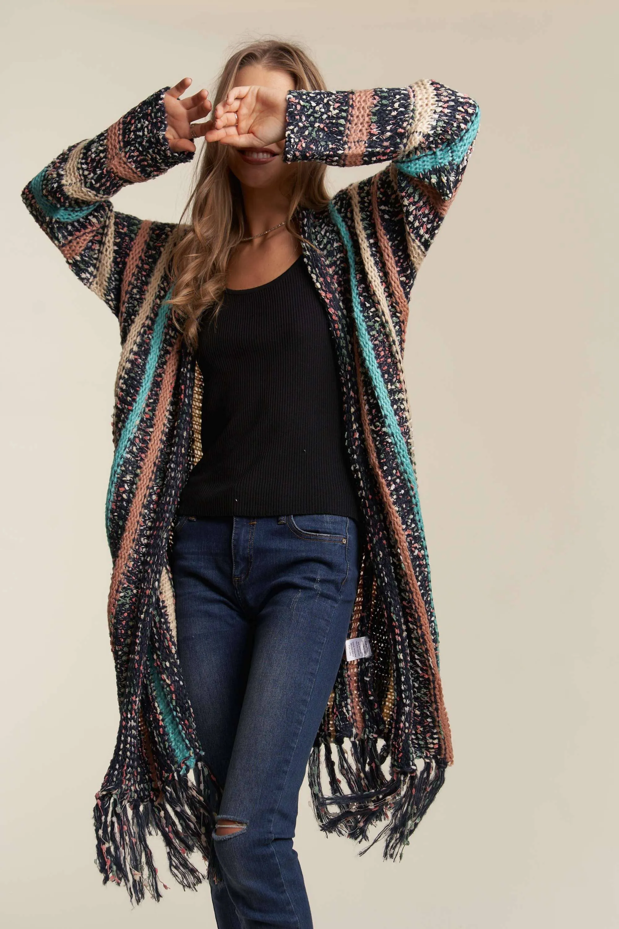 Adora FRINGE HEM MULTI STRIPE CARDIGAN
