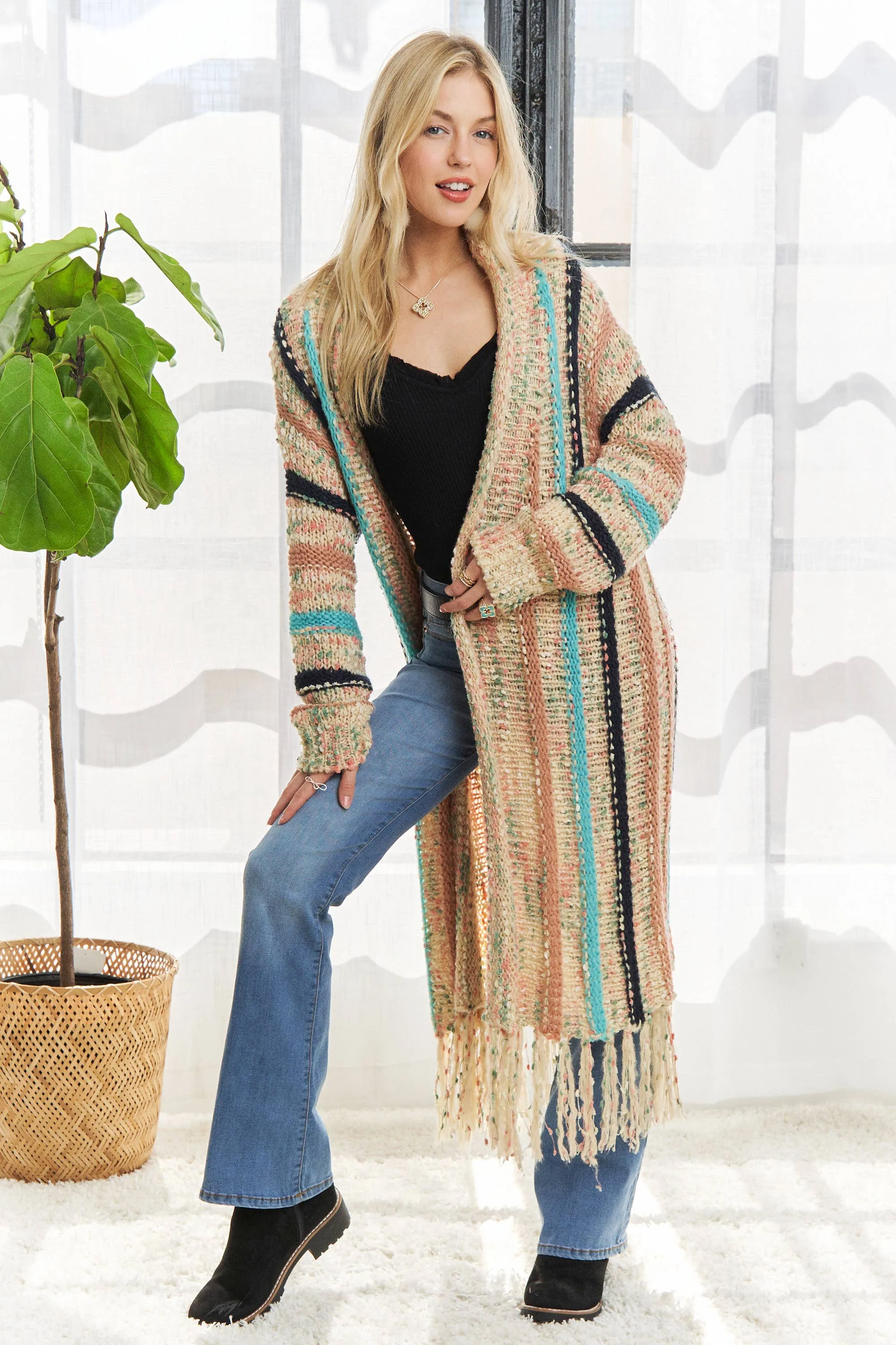 Adora FRINGE HEM MULTI STRIPE CARDIGAN