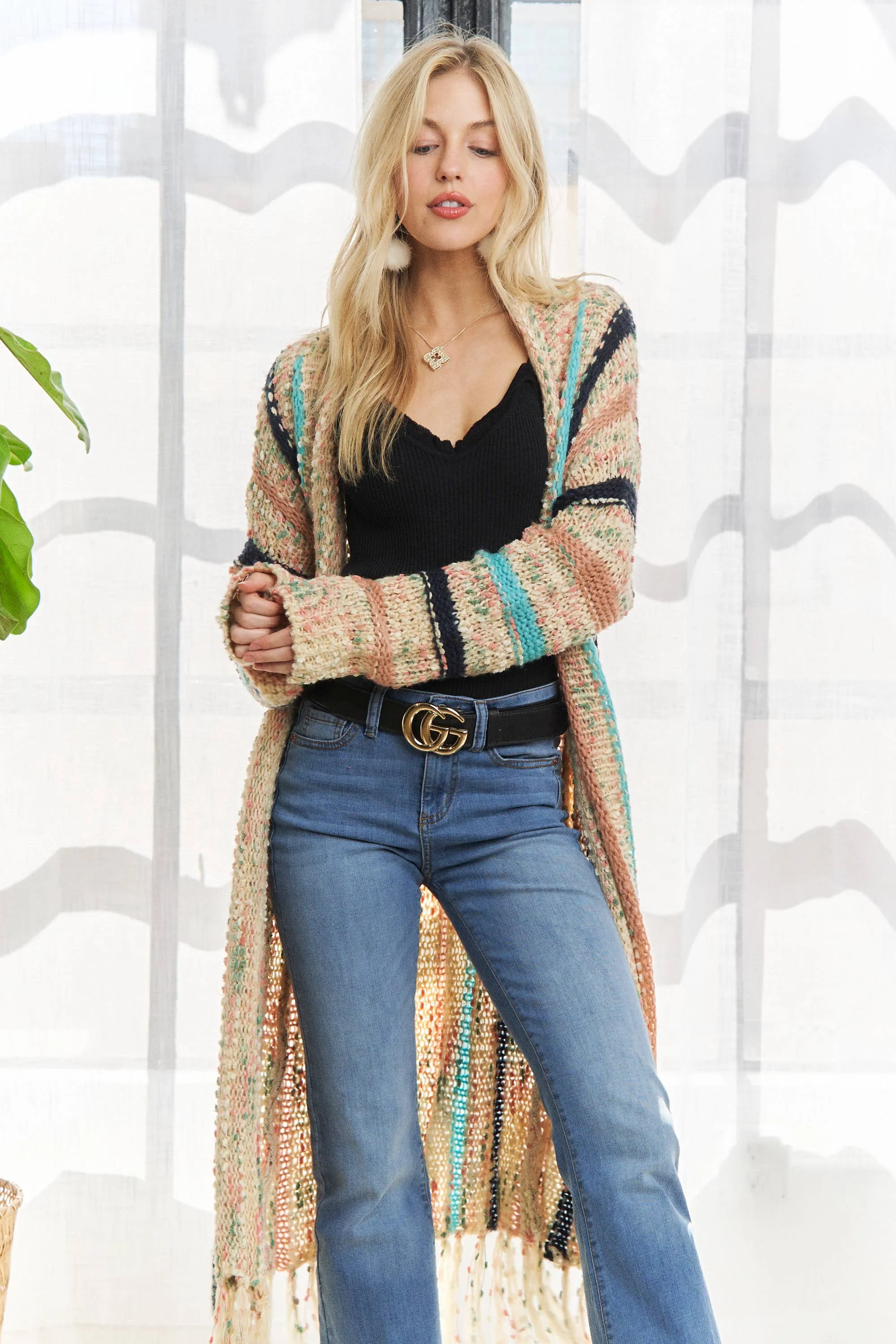 Adora FRINGE HEM MULTI STRIPE CARDIGAN