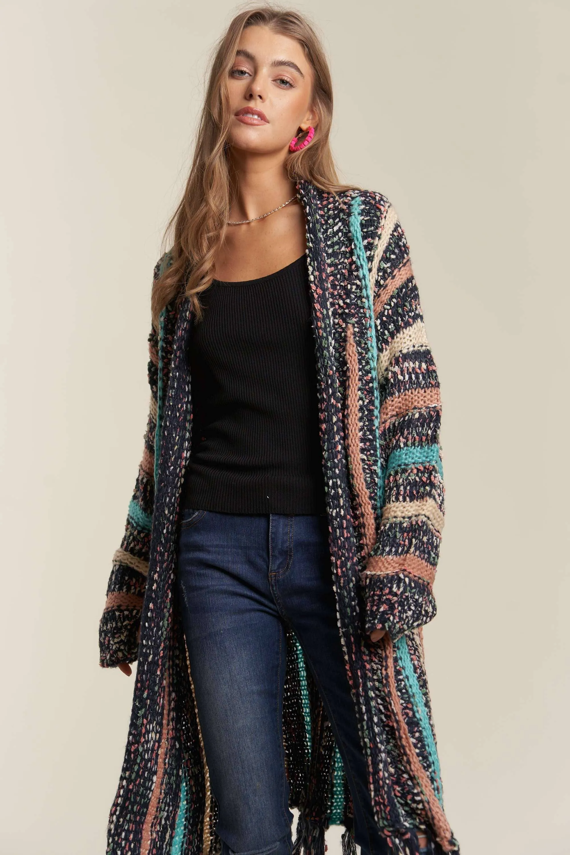 Adora FRINGE HEM MULTI STRIPE CARDIGAN