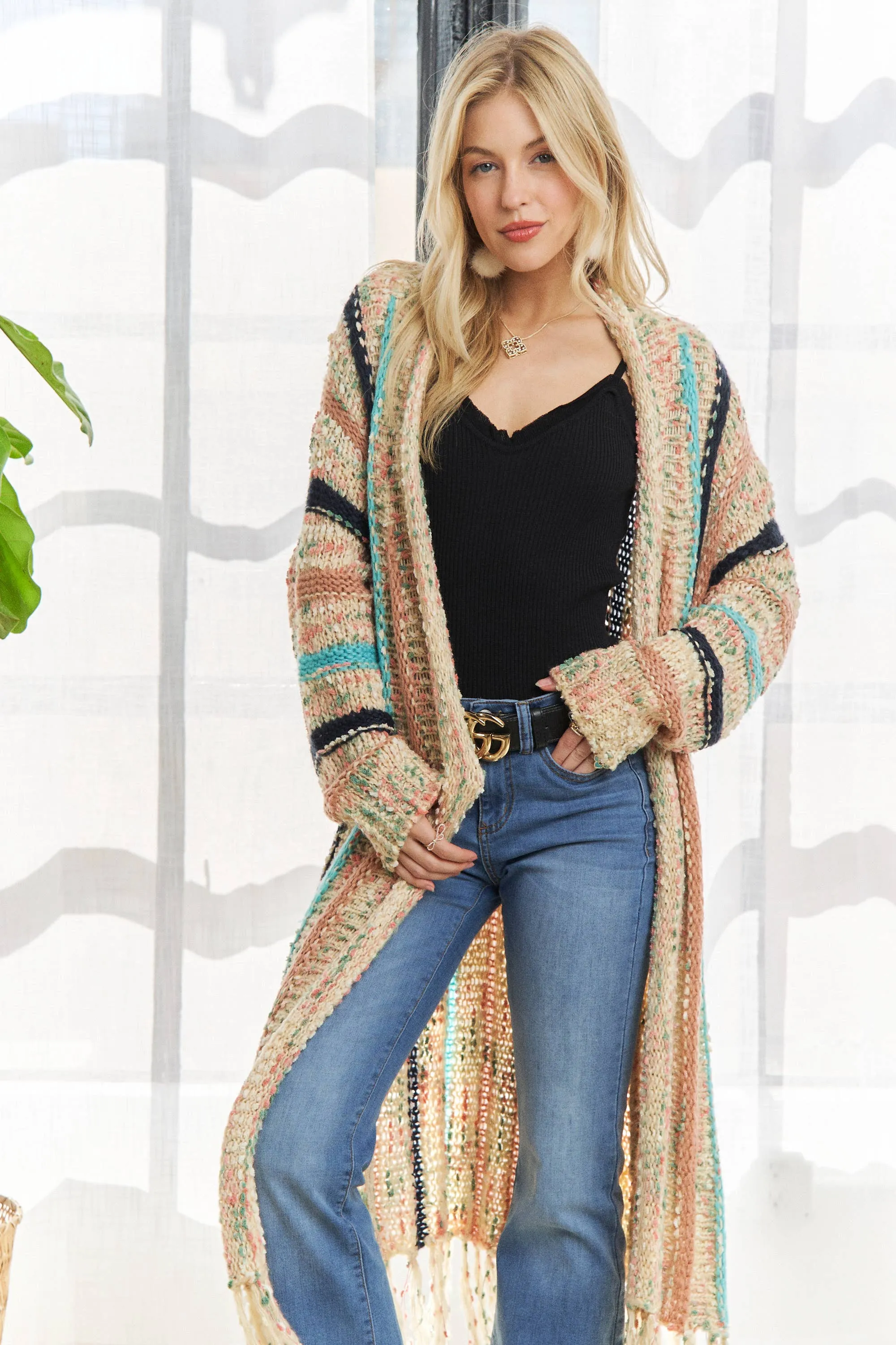 Adora FRINGE HEM MULTI STRIPE CARDIGAN