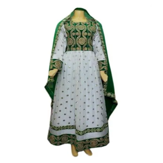 Afghan Persian Bridal White Dress Gown With Green Lace