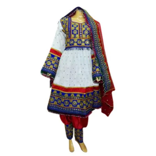 Afghan White Dress With Burgundy Pant And Veil