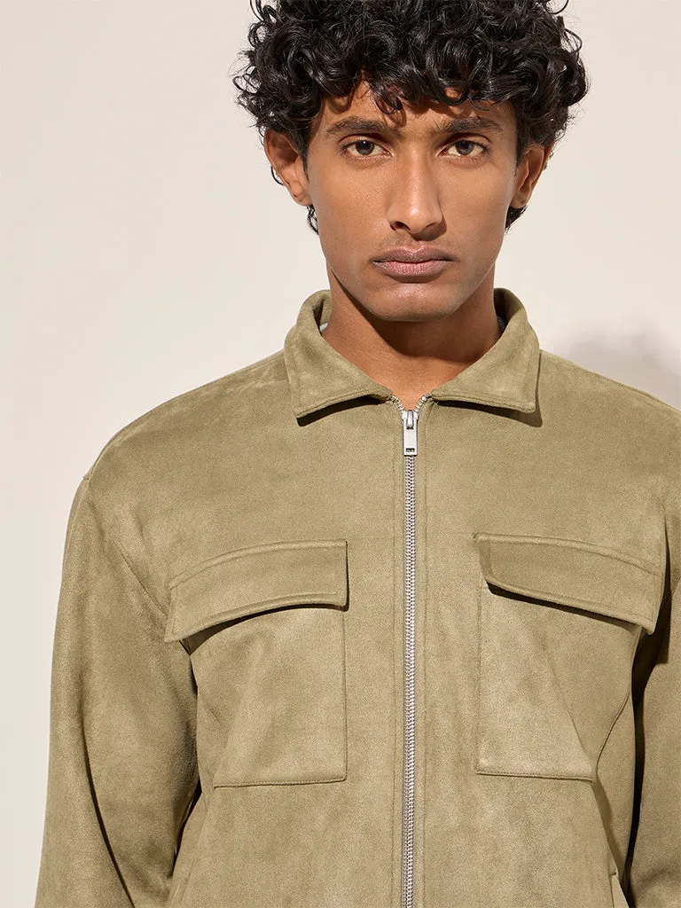 Ascot Olive Faux-Suede Relaxed-Fit Cotton-Blend Jacket
