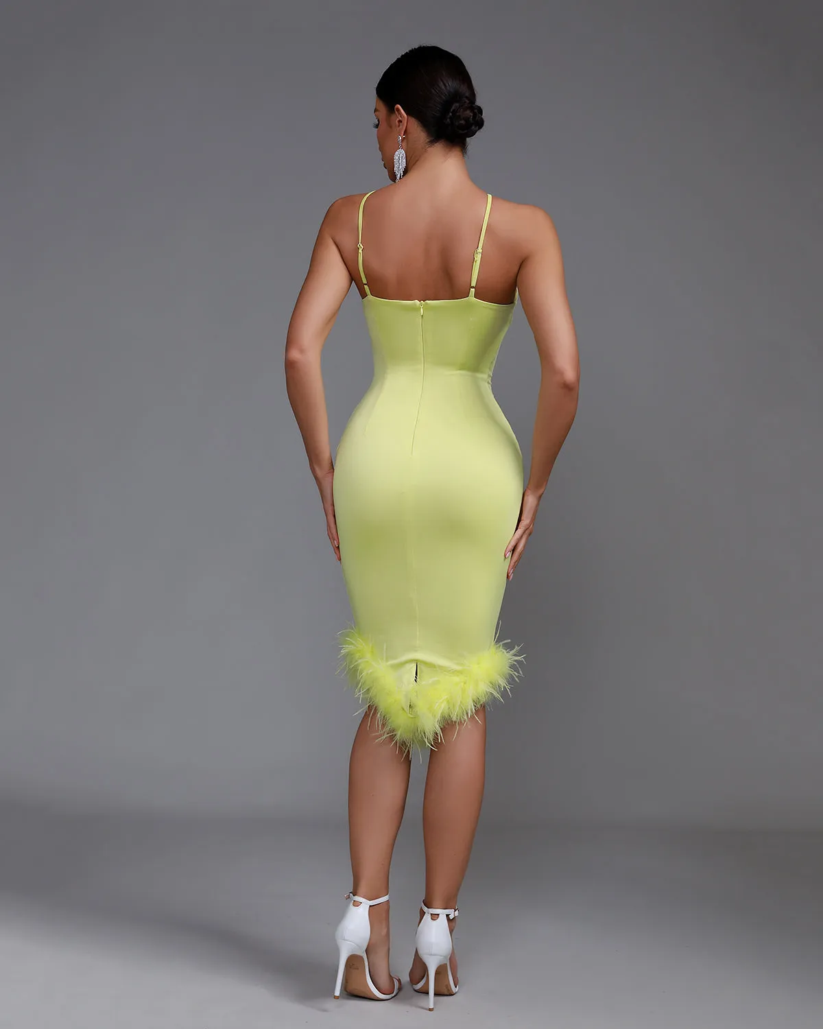 Asymmetric Neckline Feather Trim Midi Dress