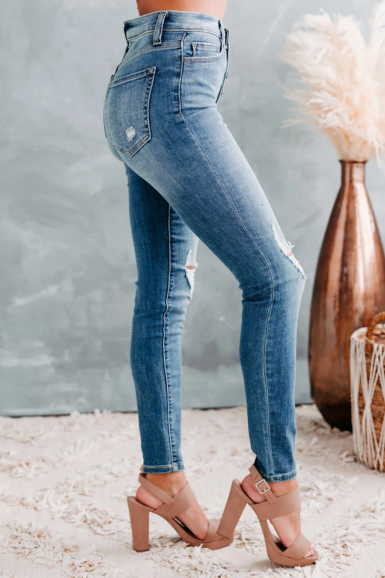At Some Point Sneak Peek High-Rise 5-Button Distressed Skinny Jeans (Medium Light)