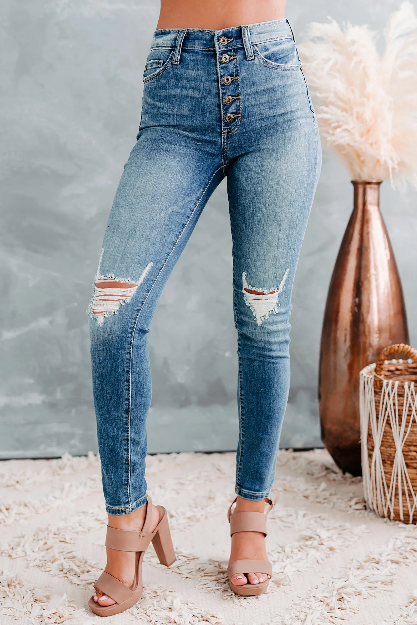 At Some Point Sneak Peek High-Rise 5-Button Distressed Skinny Jeans (Medium Light)