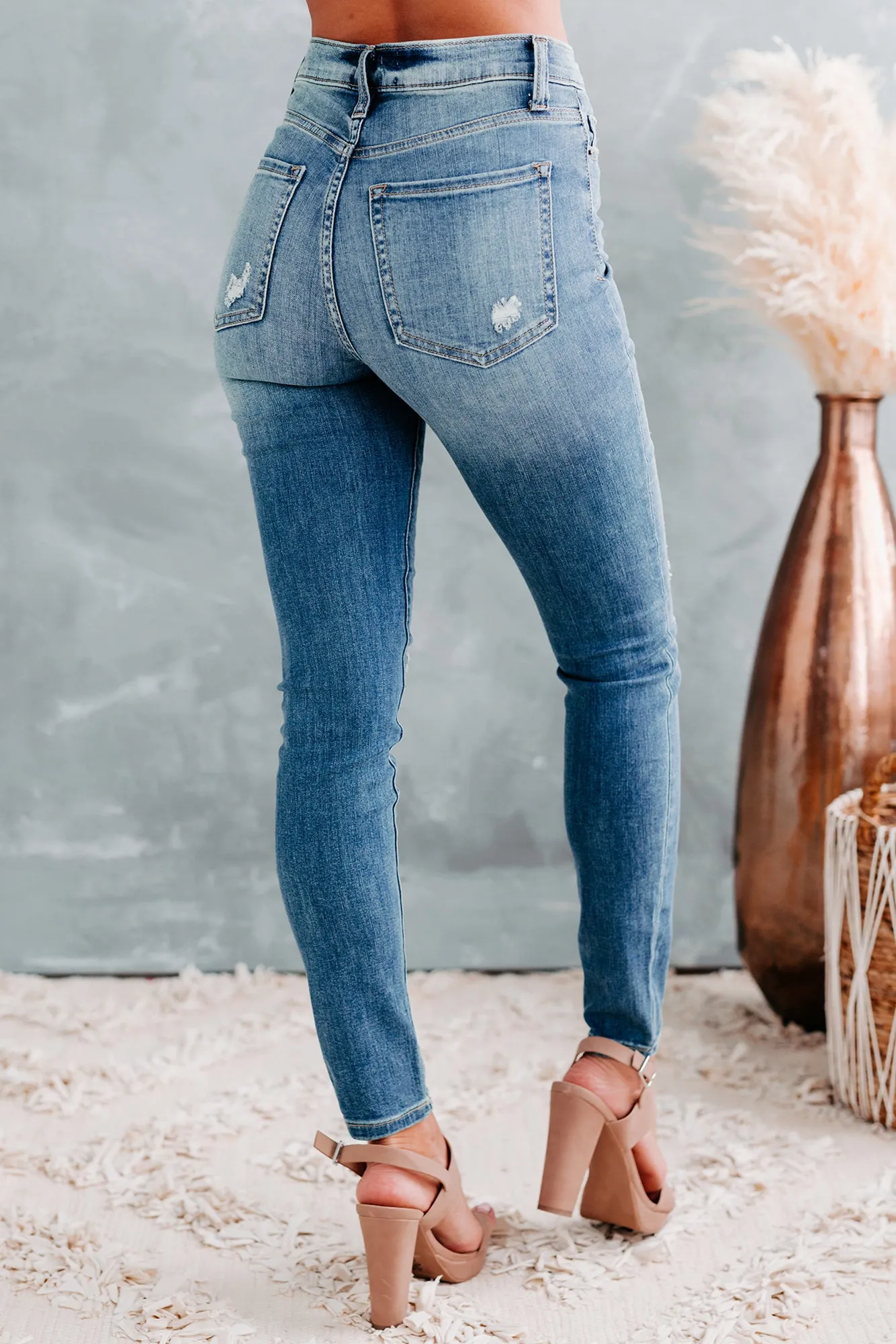 At Some Point Sneak Peek High-Rise 5-Button Distressed Skinny Jeans (Medium Light)