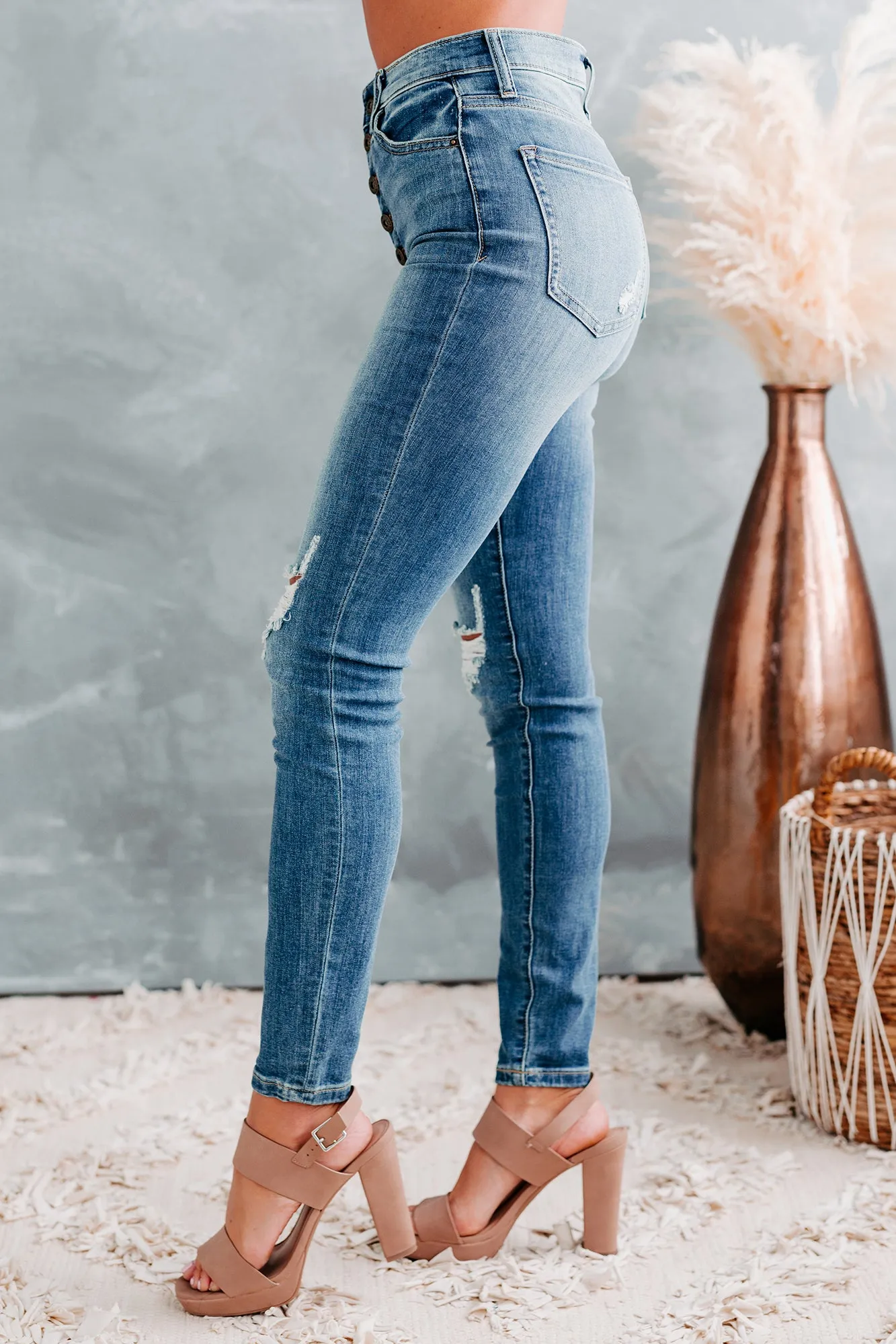 At Some Point Sneak Peek High-Rise 5-Button Distressed Skinny Jeans (Medium Light)