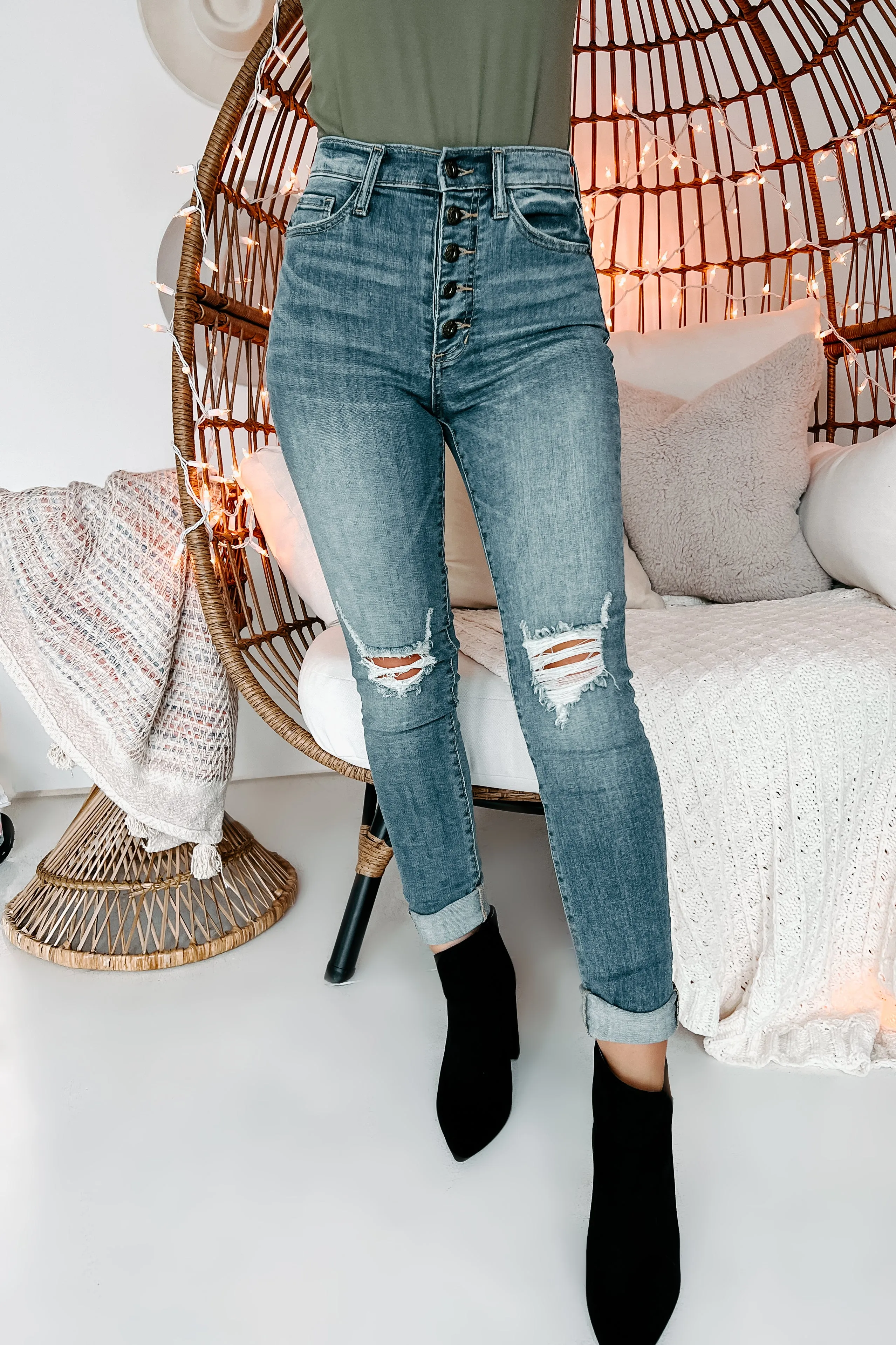 At Some Point Sneak Peek High-Rise 5-Button Distressed Skinny Jeans (Medium Light)