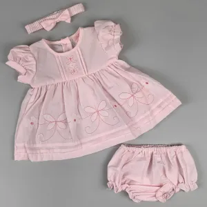 Baby Girl Pink Summer Dress Set – Embroidered Daisies & Butterflies with Matching Accessories