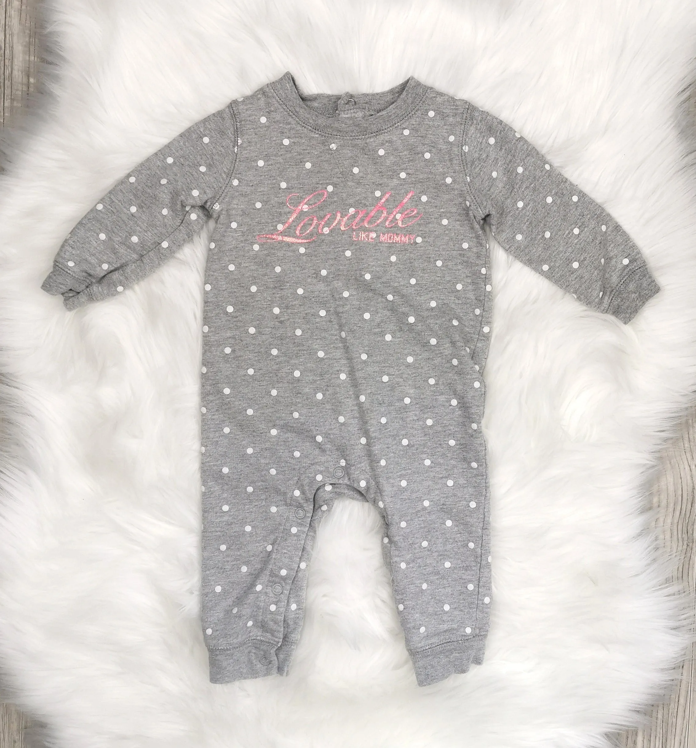BABY GIRL SIZE 9 MONTHS - CARTER'S, Grey & Pink Polkadot Romper EUC B36