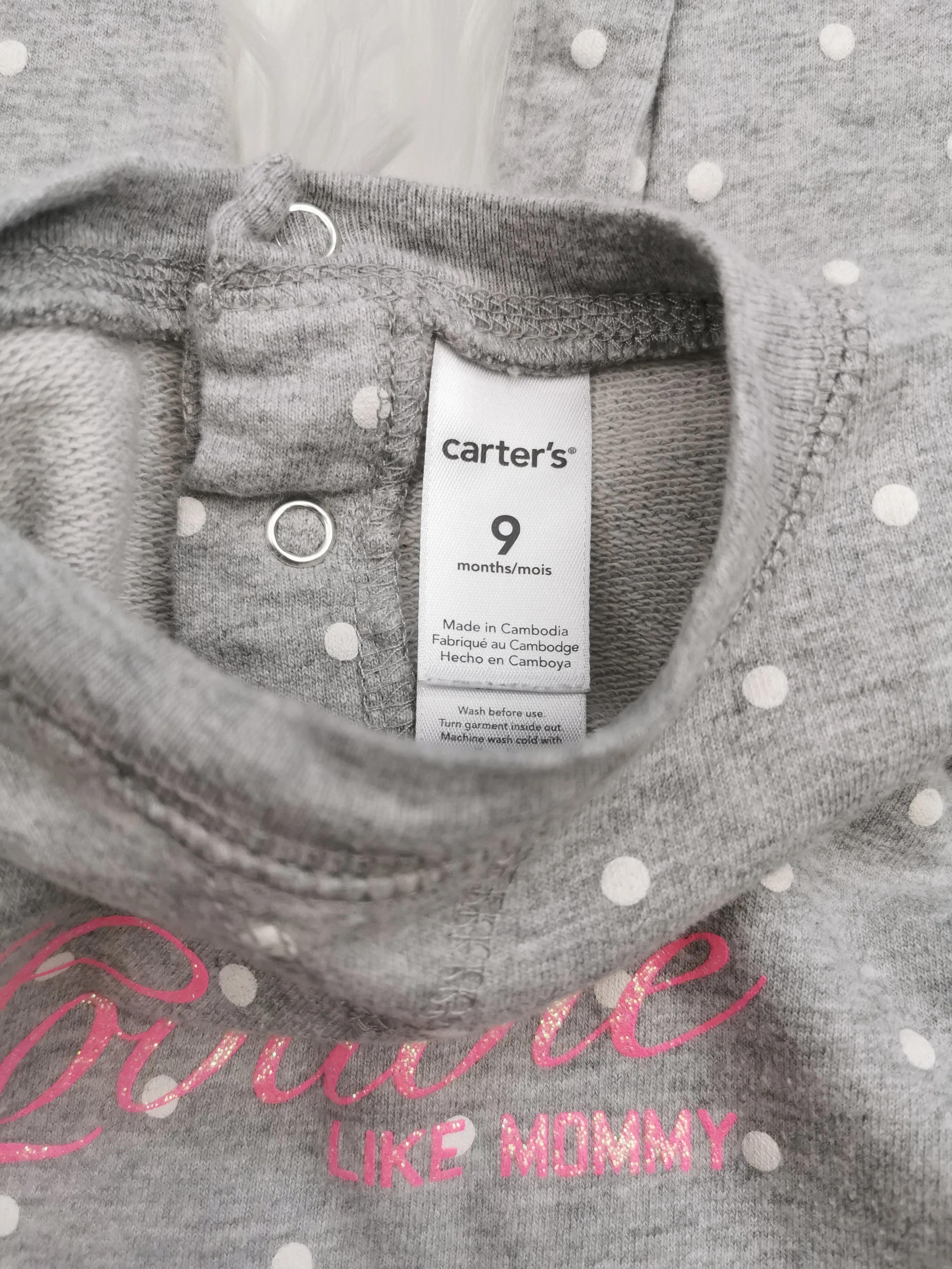 BABY GIRL SIZE 9 MONTHS - CARTER'S, Grey & Pink Polkadot Romper EUC B36