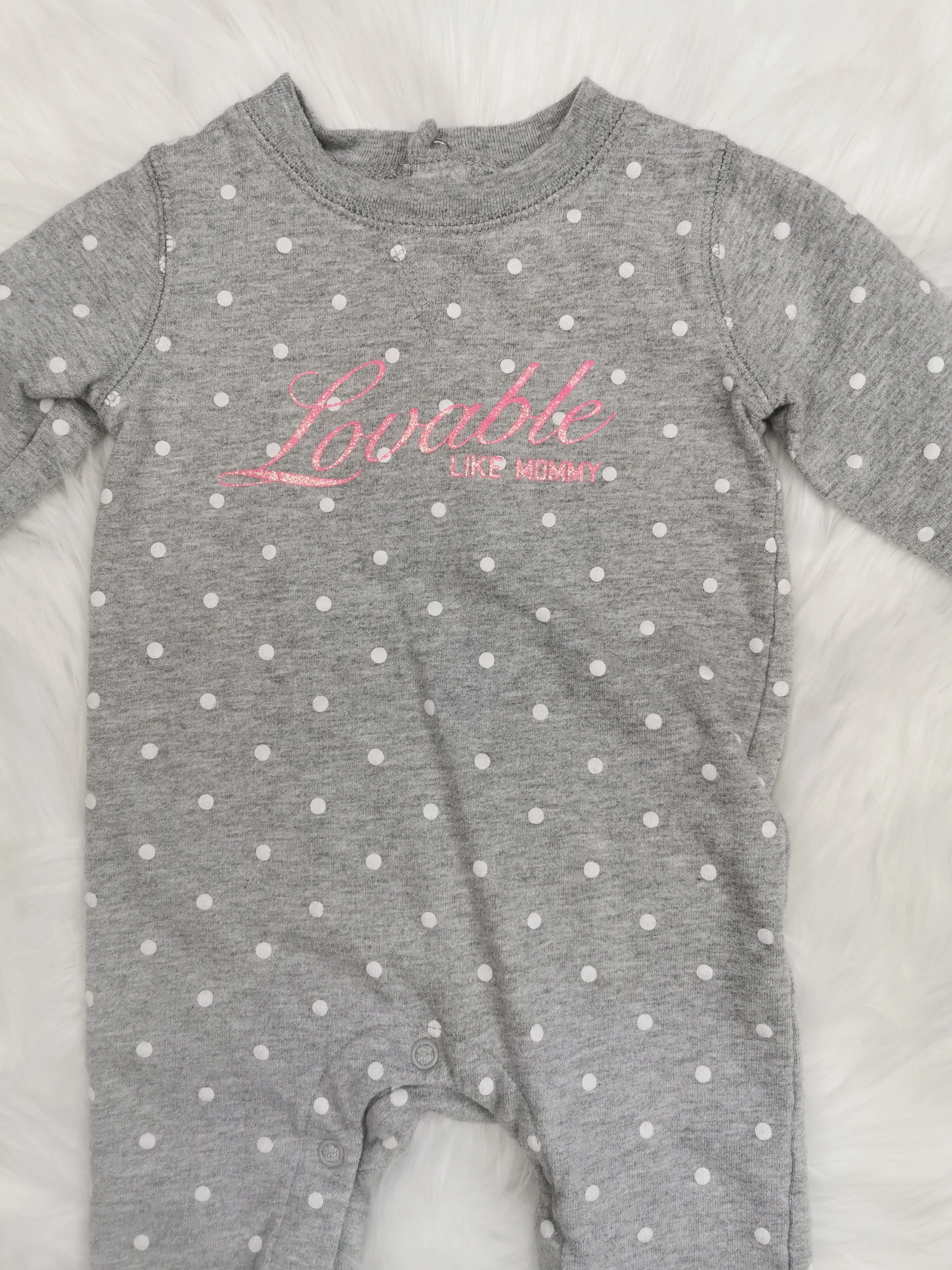 BABY GIRL SIZE 9 MONTHS - CARTER'S, Grey & Pink Polkadot Romper EUC B36
