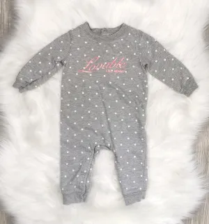 BABY GIRL SIZE 9 MONTHS - CARTER'S, Grey & Pink Polkadot Romper EUC B36
