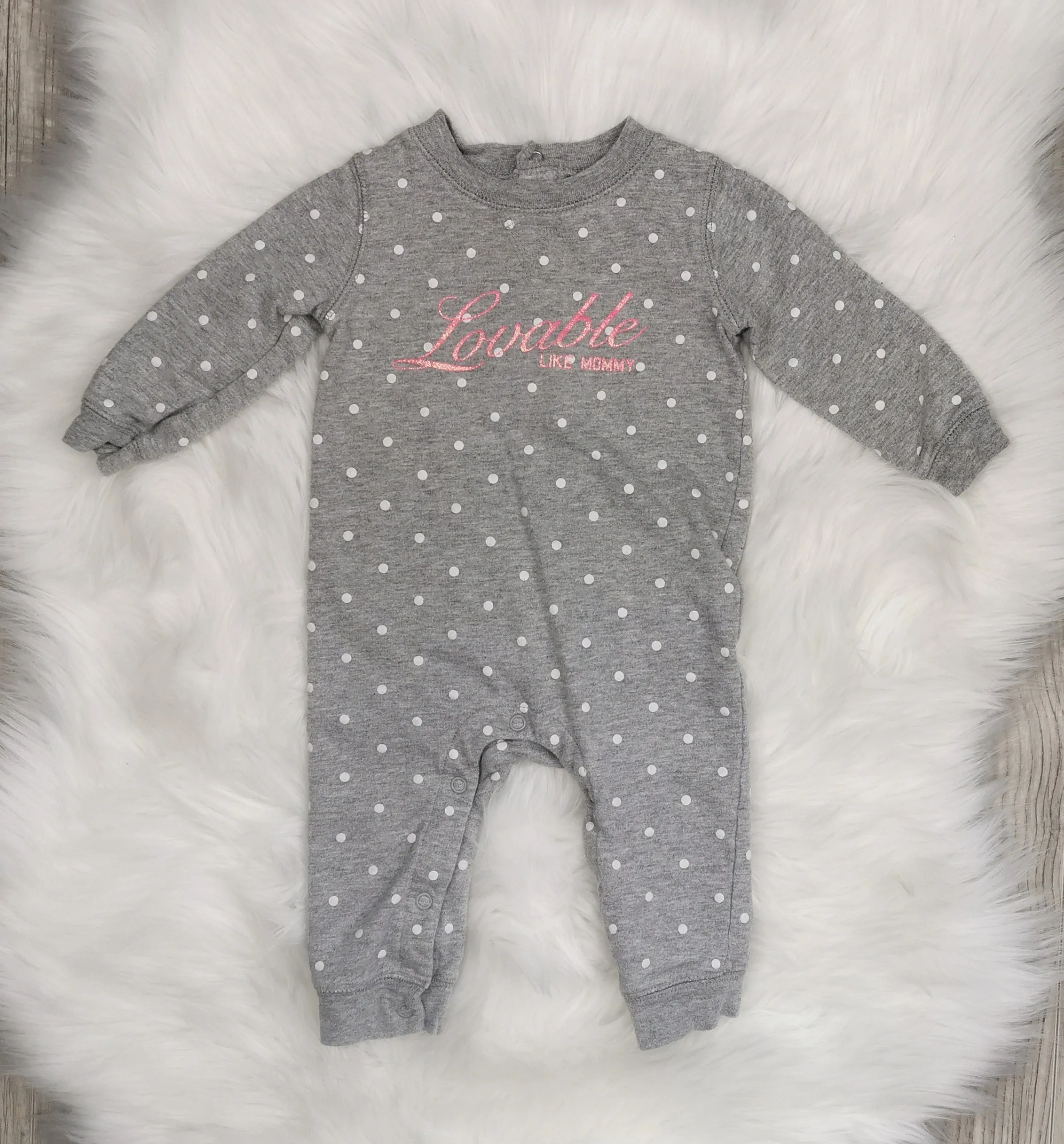 BABY GIRL SIZE 9 MONTHS - CARTER'S, Grey & Pink Polkadot Romper EUC B36