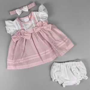Baby Girl Summer Dress Set – White Bodice, Pink Striped Skirt & Matching Accessories