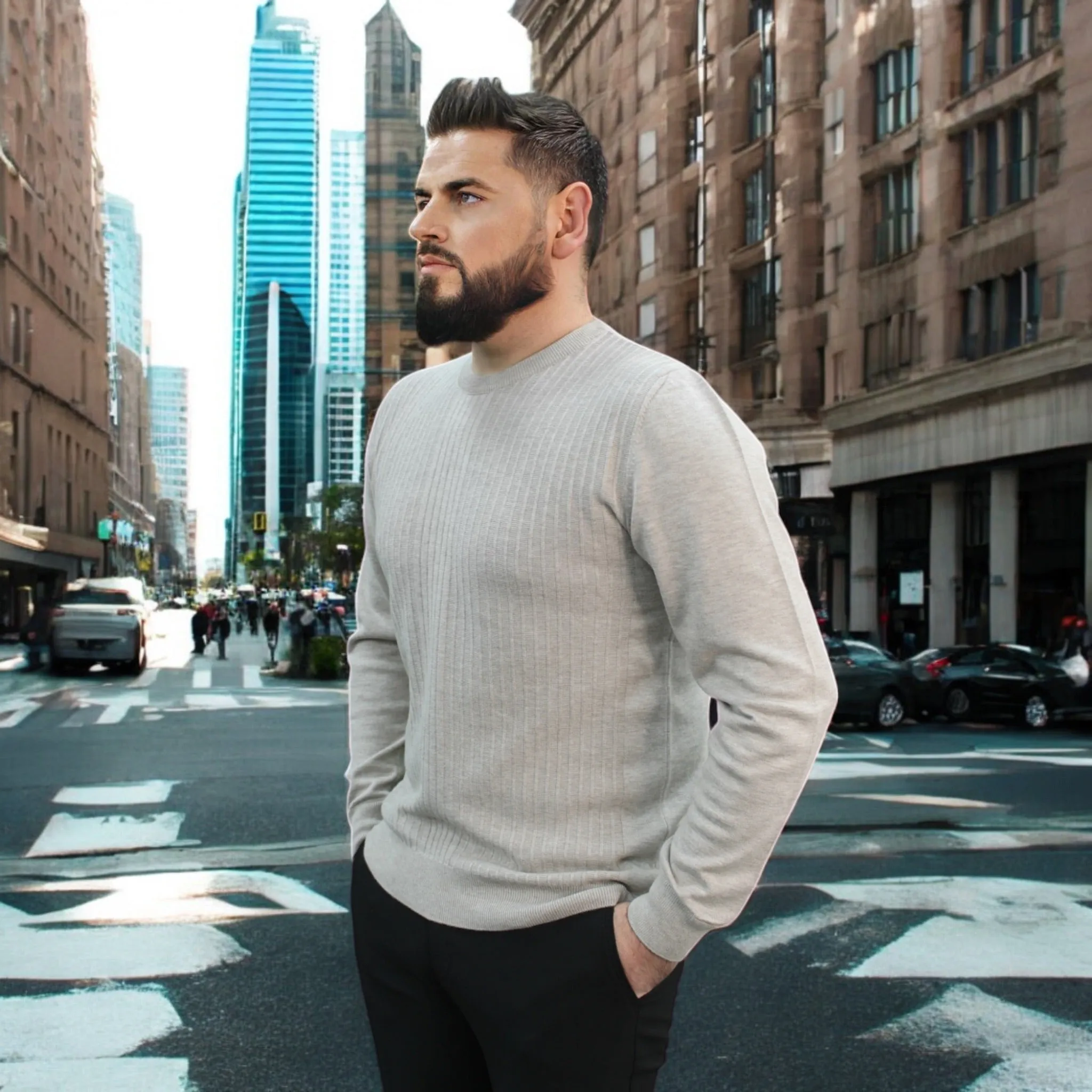 Beige - Crew Neck - Wool-   Essential  Sweater