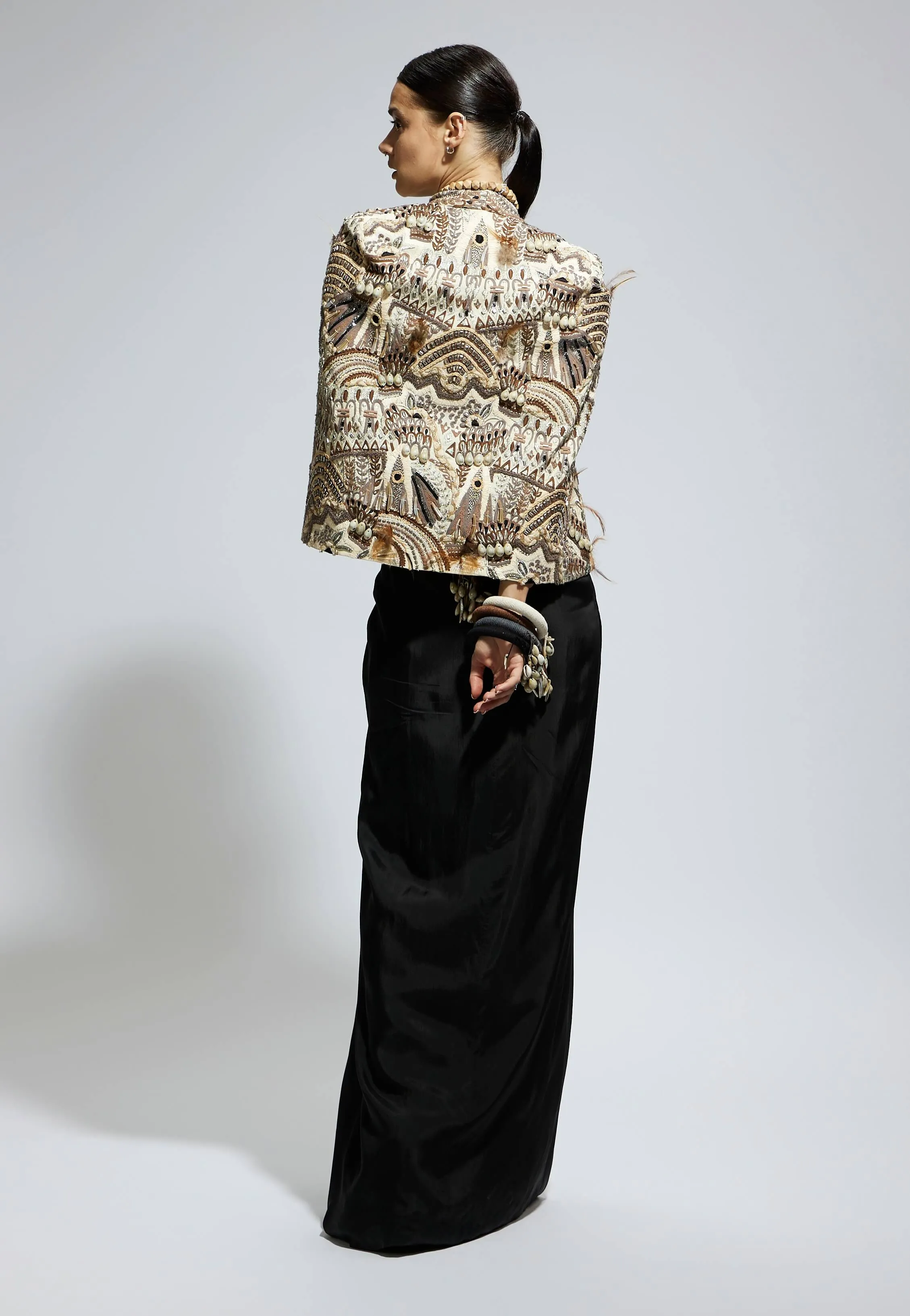 Black silk ivory feather cape jacket and skirt set