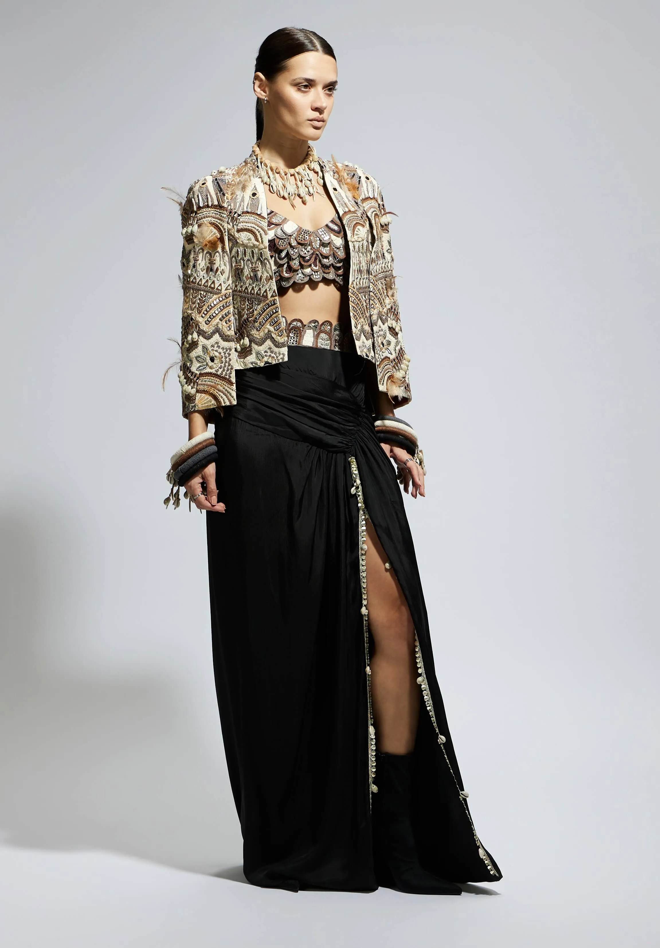 Black silk ivory feather cape jacket and skirt set