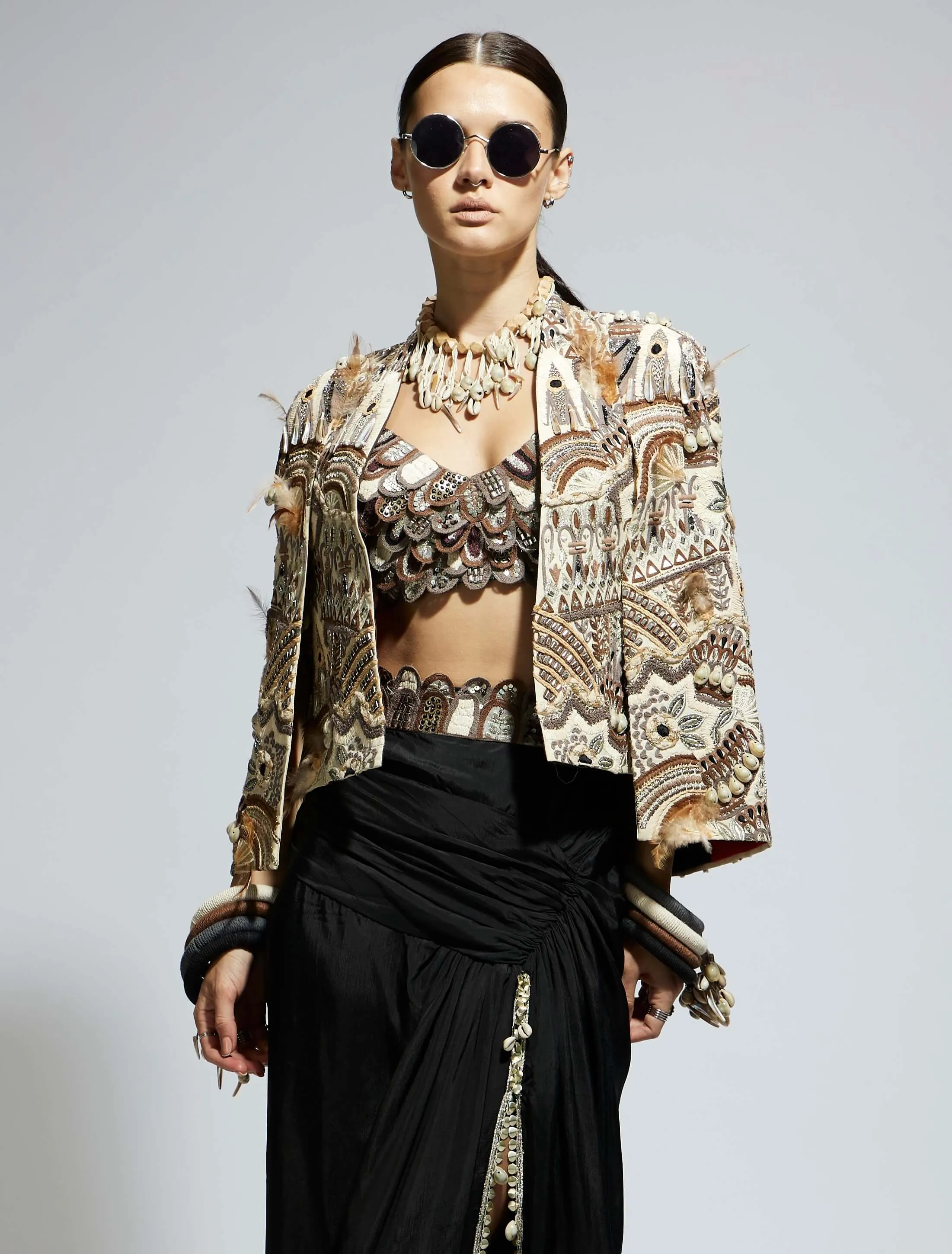 Black silk ivory feather cape jacket and skirt set