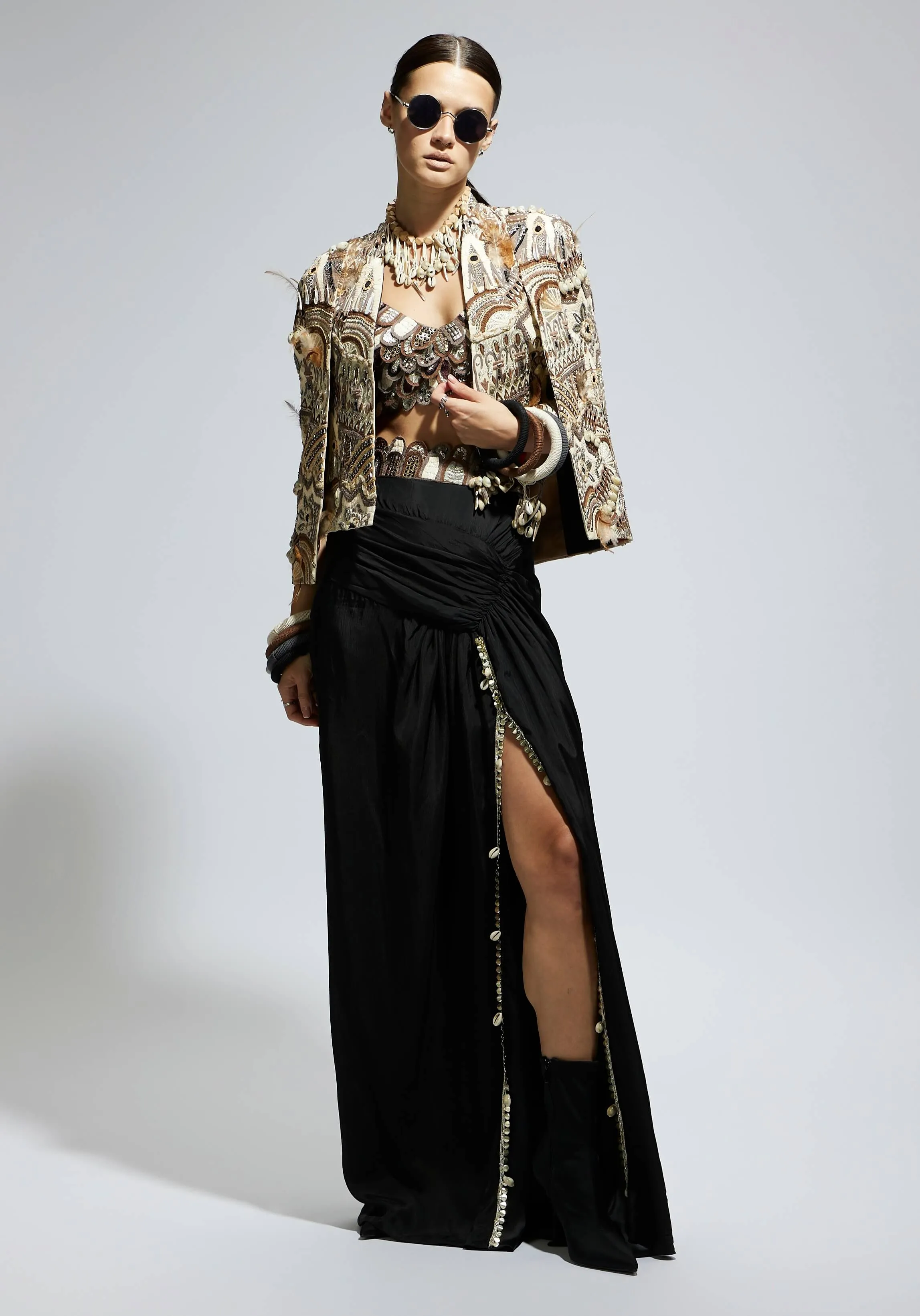 Black silk ivory feather cape jacket and skirt set