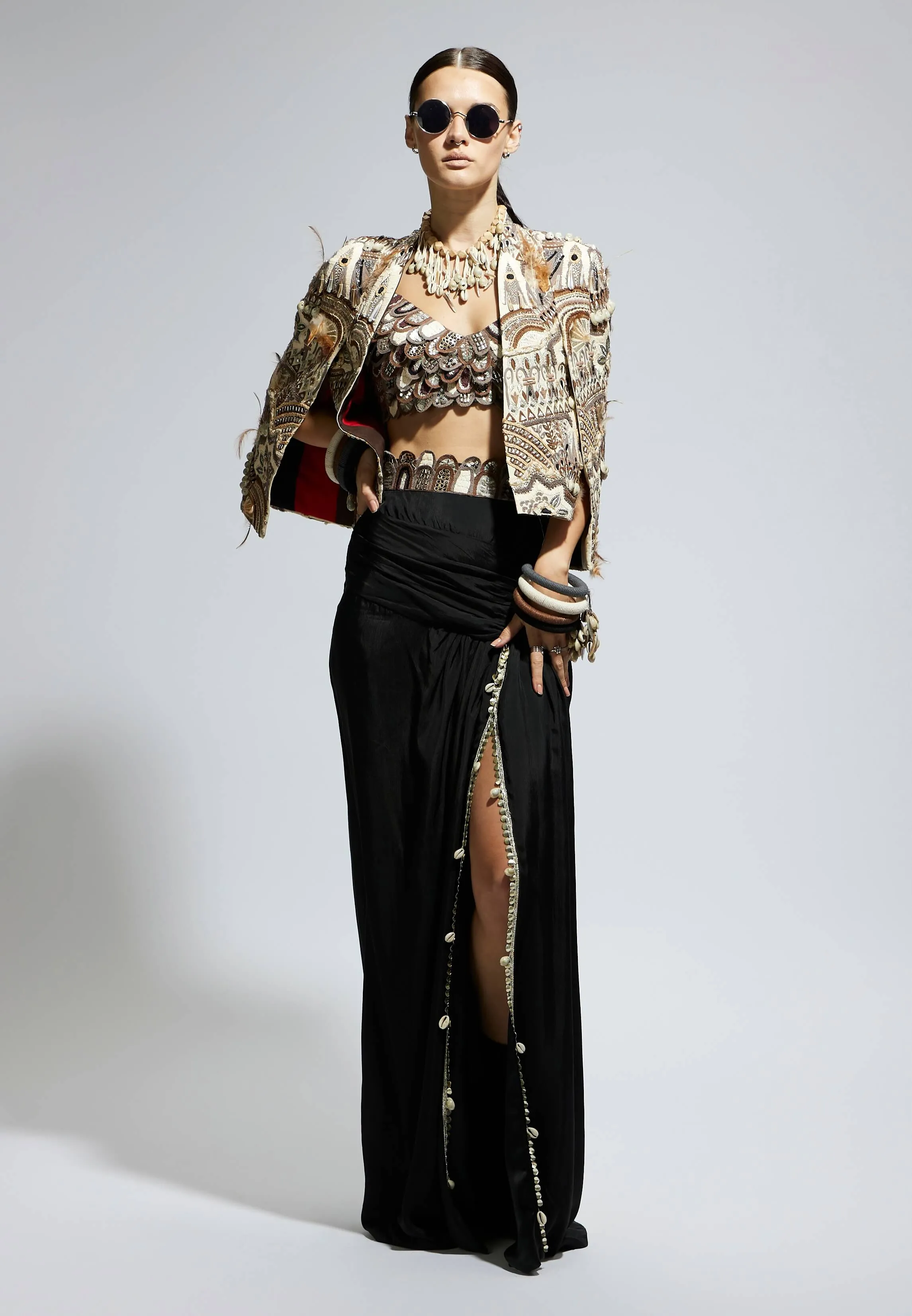 Black silk ivory feather cape jacket and skirt set