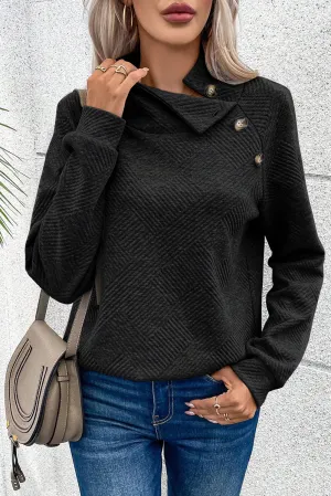 Black Solid Button Detail Sweatshirt