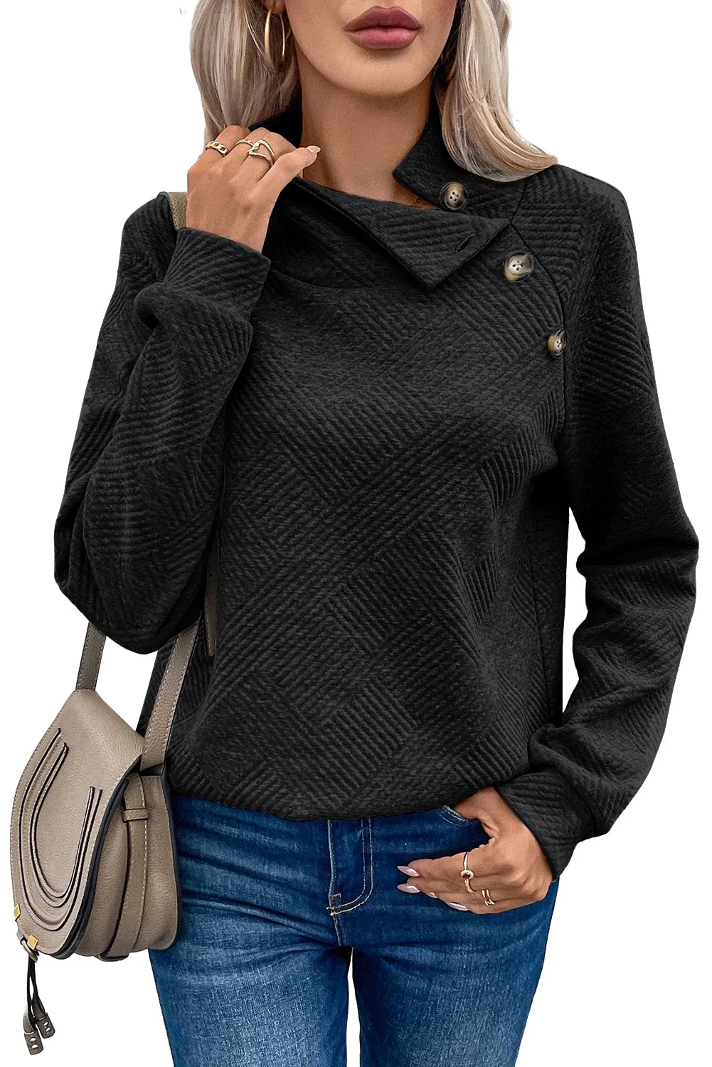 Black Solid Button Detail Sweatshirt