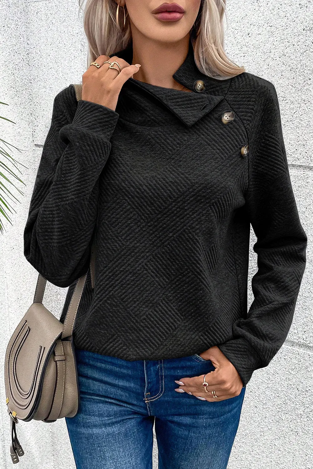 Black Solid Button Detail Sweatshirt