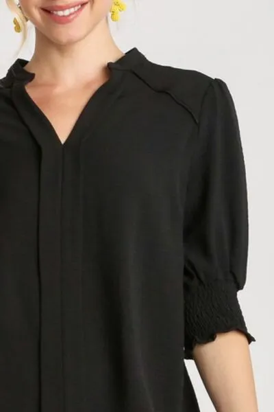Black Split Neck Boxy Cut Top with Piping Details
