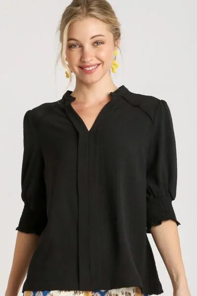 Black Split Neck Boxy Cut Top with Piping Details