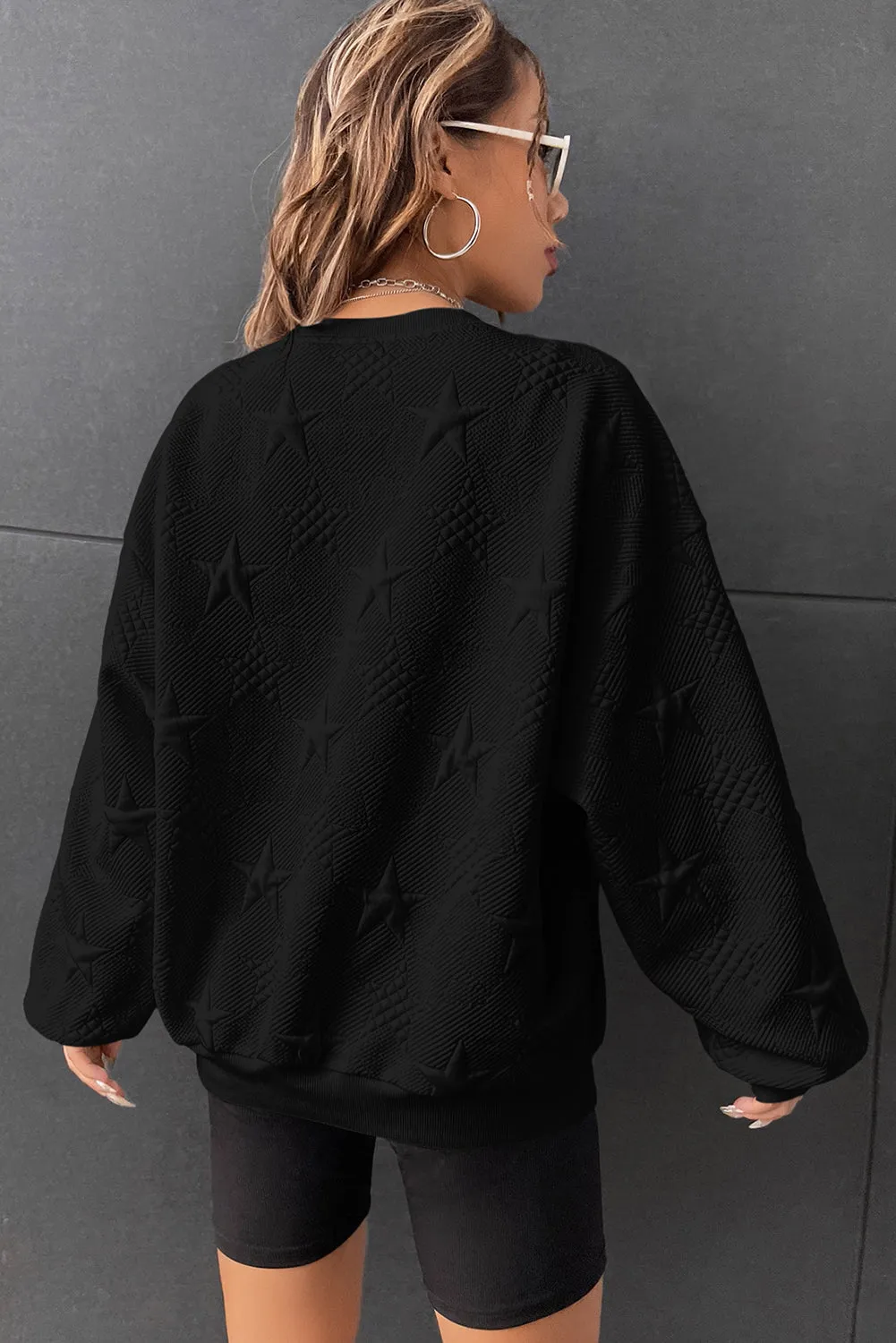 Black Star Shape Textured Round Neck Pullover Sweatshirt