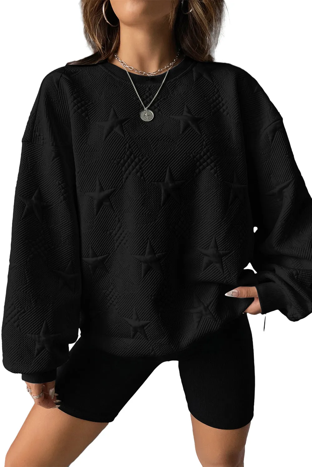 Black Star Shape Textured Round Neck Pullover Sweatshirt