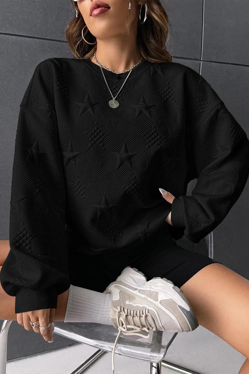 Black Star Shape Textured Round Neck Pullover Sweatshirt