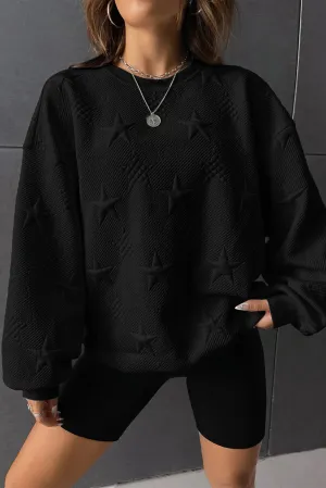 Black Star Shape Textured Round Neck Pullover Sweatshirt