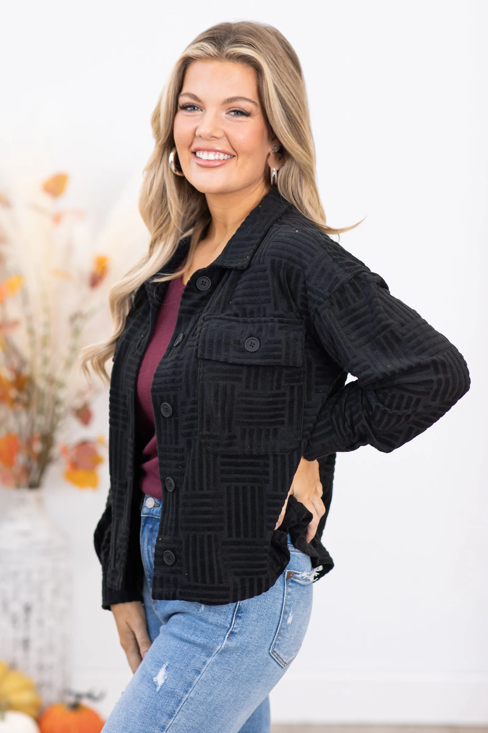 Black Textured Checkerboard Pattern Shacket