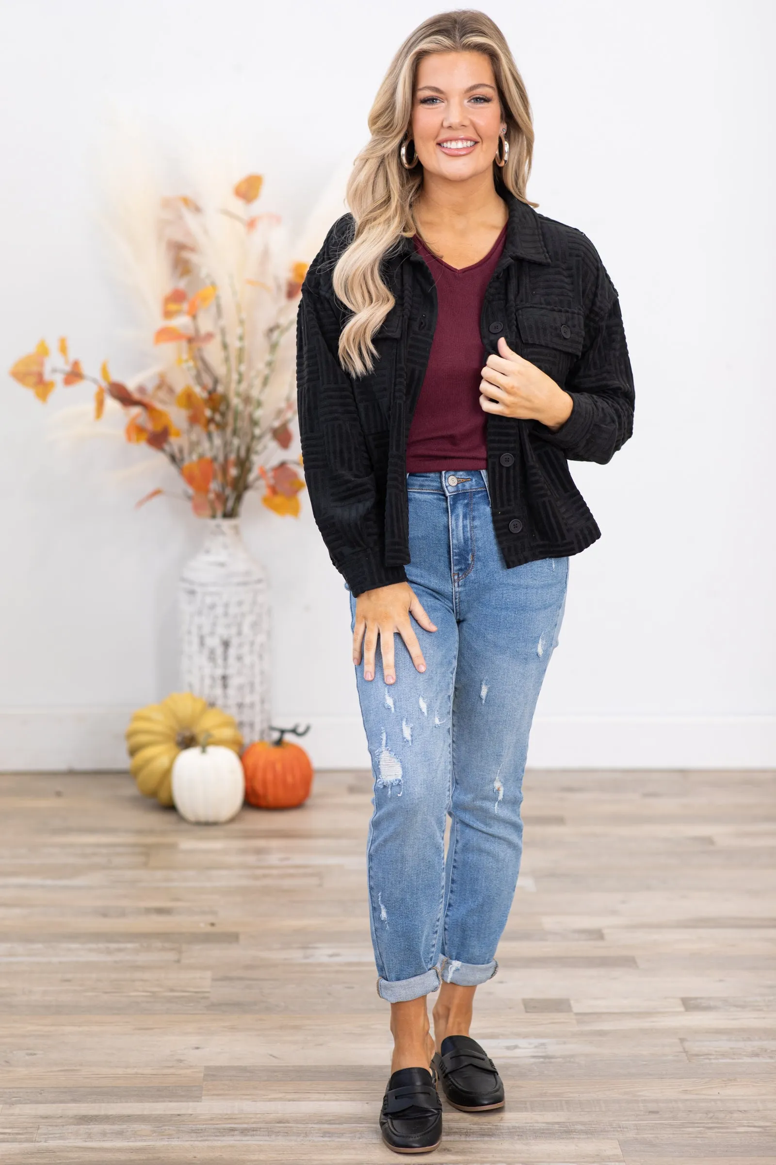 Black Textured Checkerboard Pattern Shacket