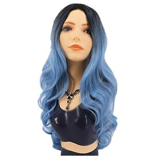 Black to pastel blue mixed ombre | hand dyed 26" synthetic | human hair feel | drag queen | trendy custom styled | stage performer wig
