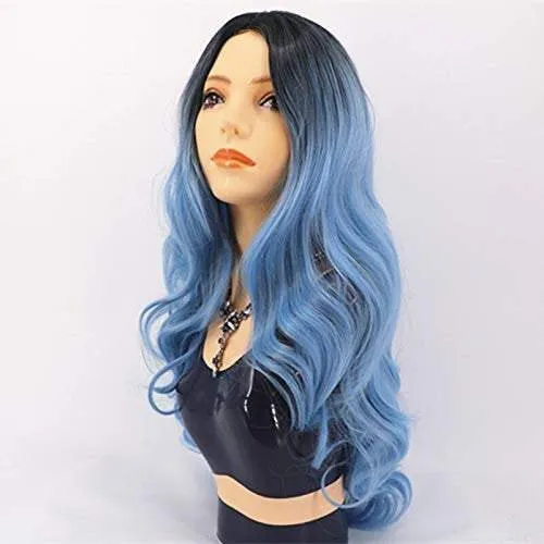 Black to pastel blue mixed ombre | hand dyed 26" synthetic | human hair feel | drag queen | trendy custom styled | stage performer wig