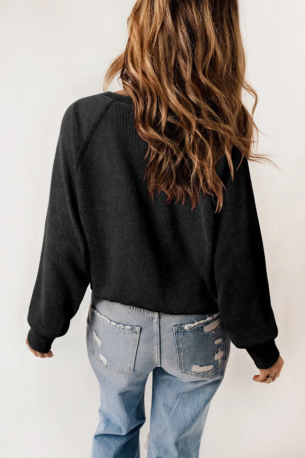 Black Waffle Knit Raglan Sleeve Henley Sweatshirt