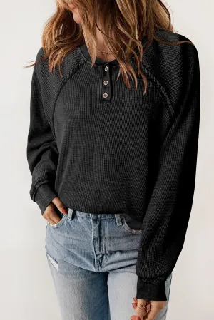 Black Waffle Knit Raglan Sleeve Henley Sweatshirt