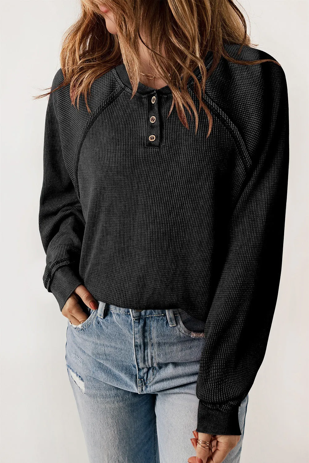 Black Waffle Knit Raglan Sleeve Henley Sweatshirt