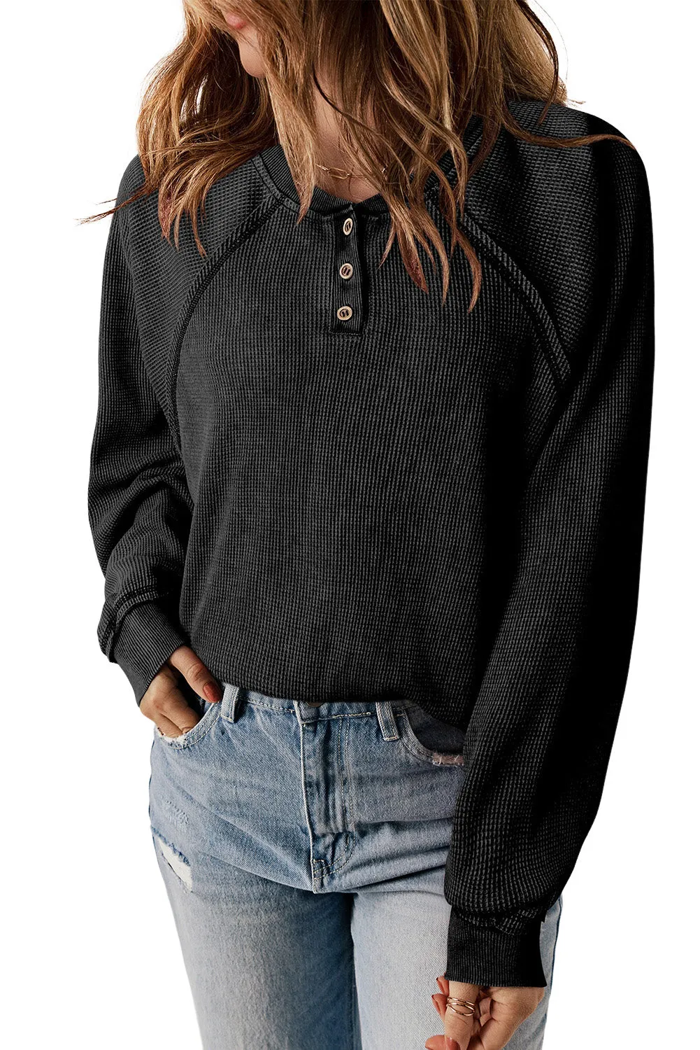 Black Waffle Knit Raglan Sleeve Henley Sweatshirt